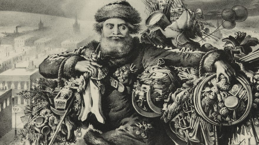An old etching of Santa Claus standing on a roof with armloads of gifts and goodies