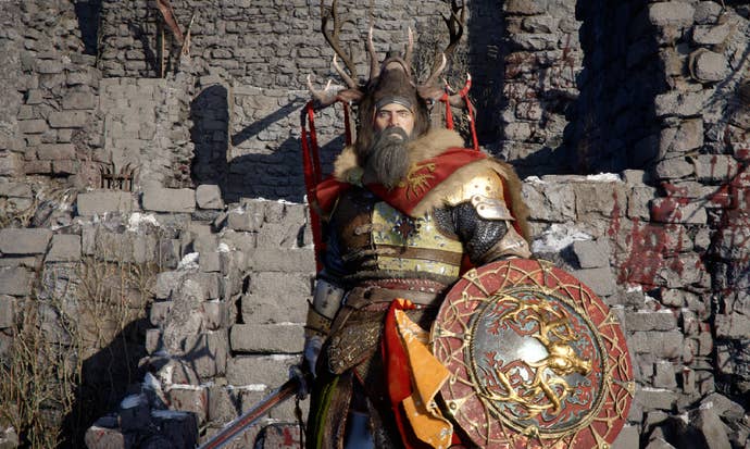 Crimson Desert screenshot showing bearded warrior with stag horns and shield