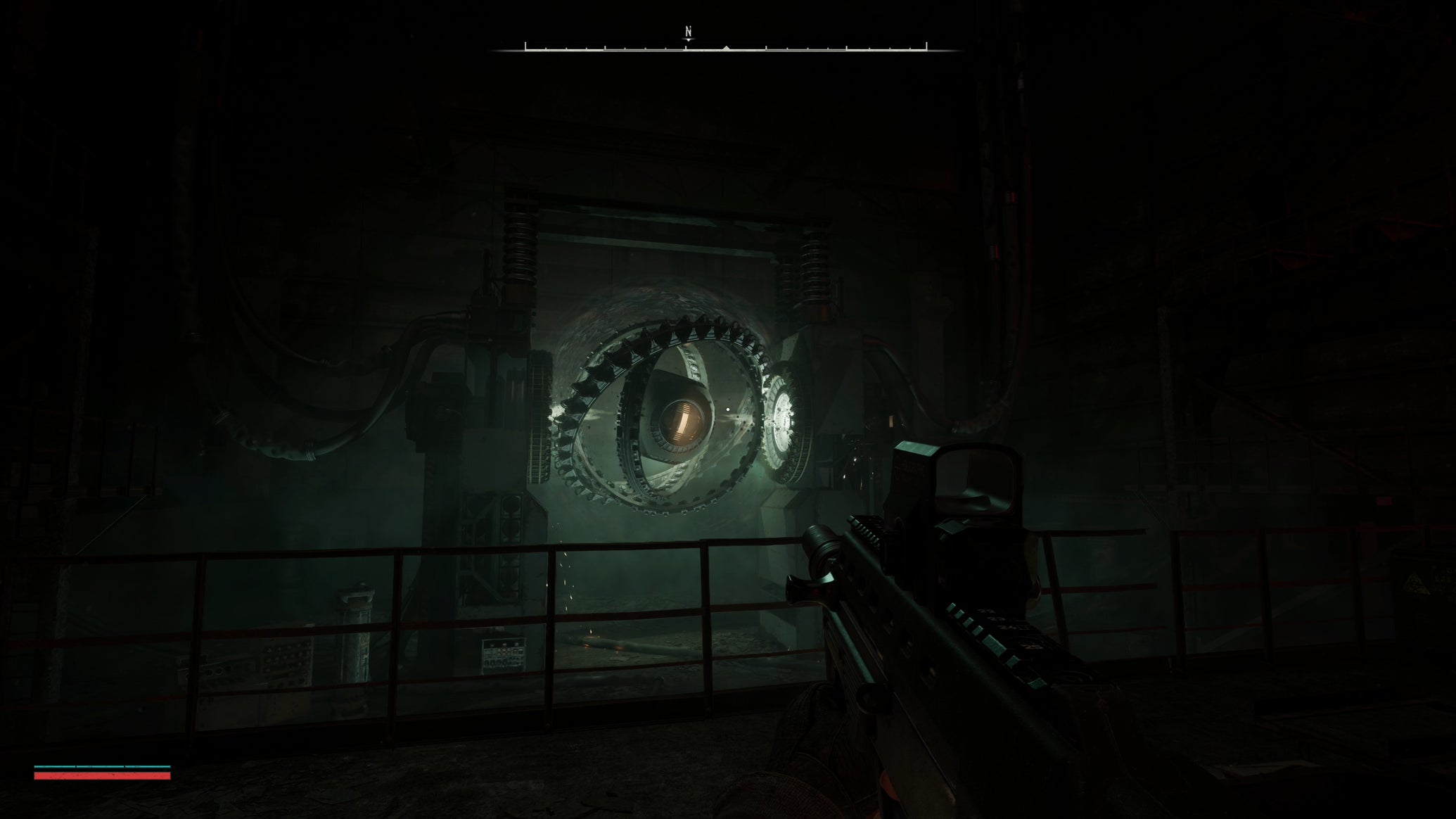 The player aims at a large rotating mechanical device in Stalker 2 - 1