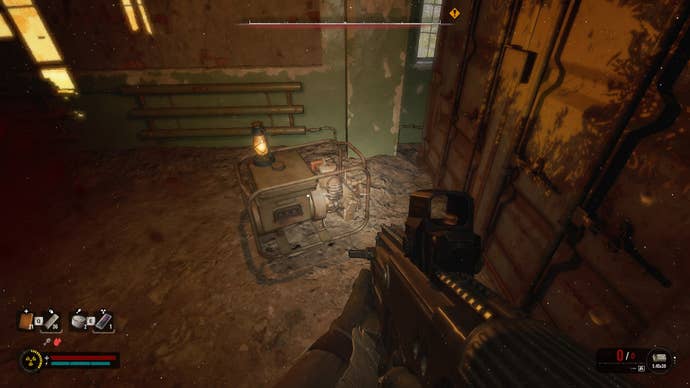 The player aims at a Generator in the Duga Arms Depot in Stalker 2