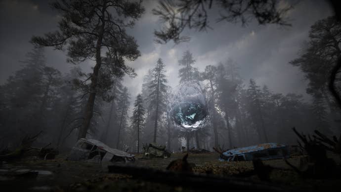 The player looks at a huge orb amidst an anomalous zone in Stalker 2