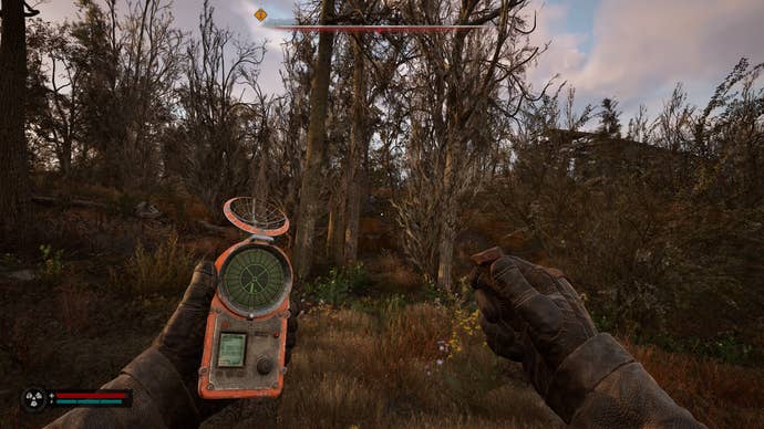 A distant enemy merc hunts the player through the trees in S.T.A.L.K.E.R. 2: Heart of Chornobyl.