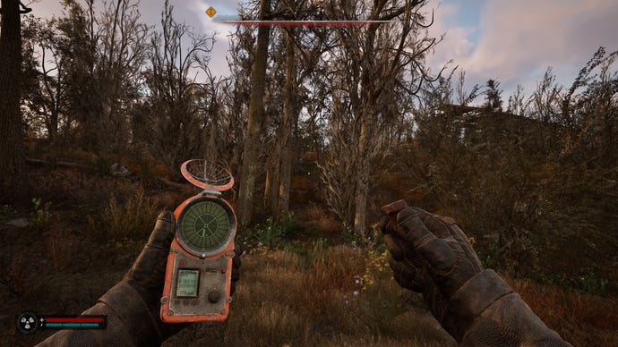 A distant enemy merc hunts the player through the trees in S.T.A.L.K.E.R. 2: Heart of Chornobyl.