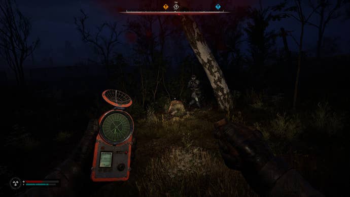 A A Snork attacks a mercenary, who is attacking the player, in S.T.A.L.K.E.R. 2: Heart of Chornobyl.