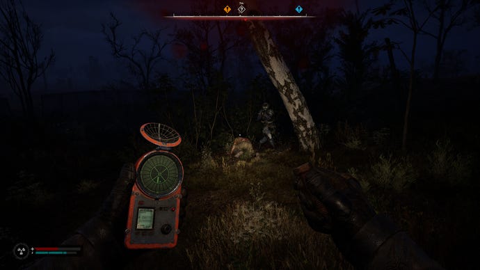 A A Snork attacks a mercenary, who is attacking the player, in S.T.A.L.K.E.R. 2: Heart of Chornobyl.