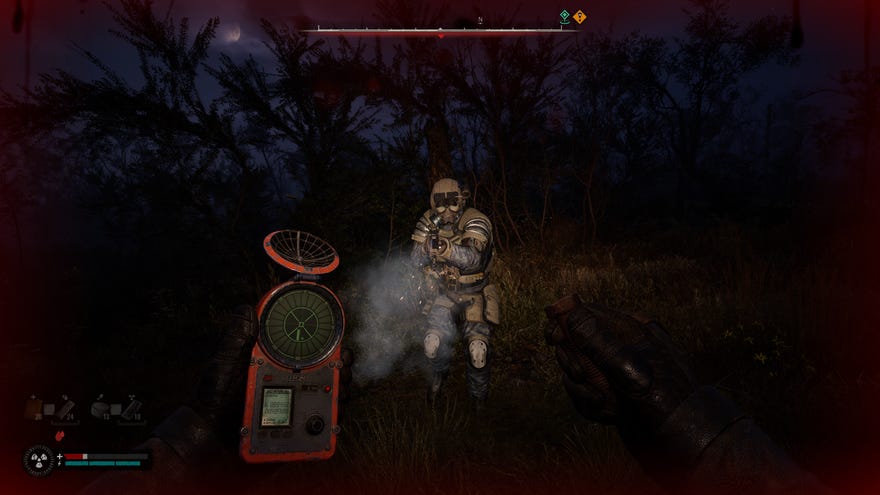 A lone mercenary attacks in the darkness in S.T.A.L.K.E.R. 2: Heart of Chornobyl.
