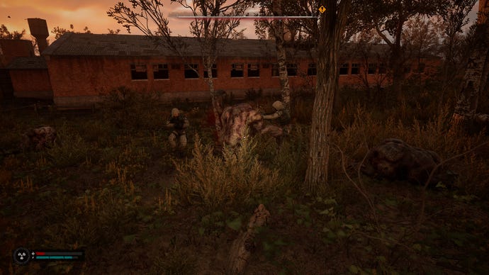 Flesh mutants fight Ward soldiers in STALKER 2: Heart of Chornobyl.