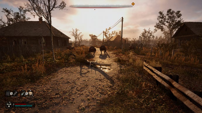 Flesh mutants chase the player through a hamlet in STALKER 2: Heart of Chornobyl.