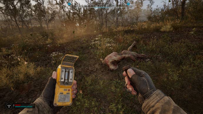 A dead Bloodsucker lays next to the whirligig anomaly that killed it in STALKER 2: Heart of Chornobyl.