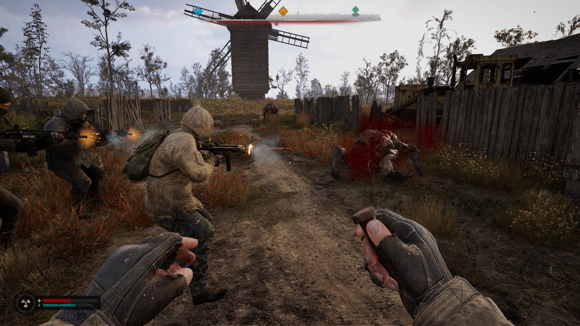 Roaming amateur stalkers shoot down a Flesh mutant in STALKER 2: Heart of Chornobyl. - 4