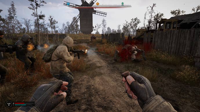 Roaming amateur stalkers shoot down a Flesh mutant in STALKER 2: Heart of Chornobyl.