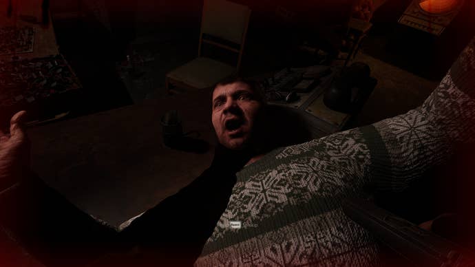 Holding Solder at gunpoint in STALKER 2: Heart of Chornobyl.