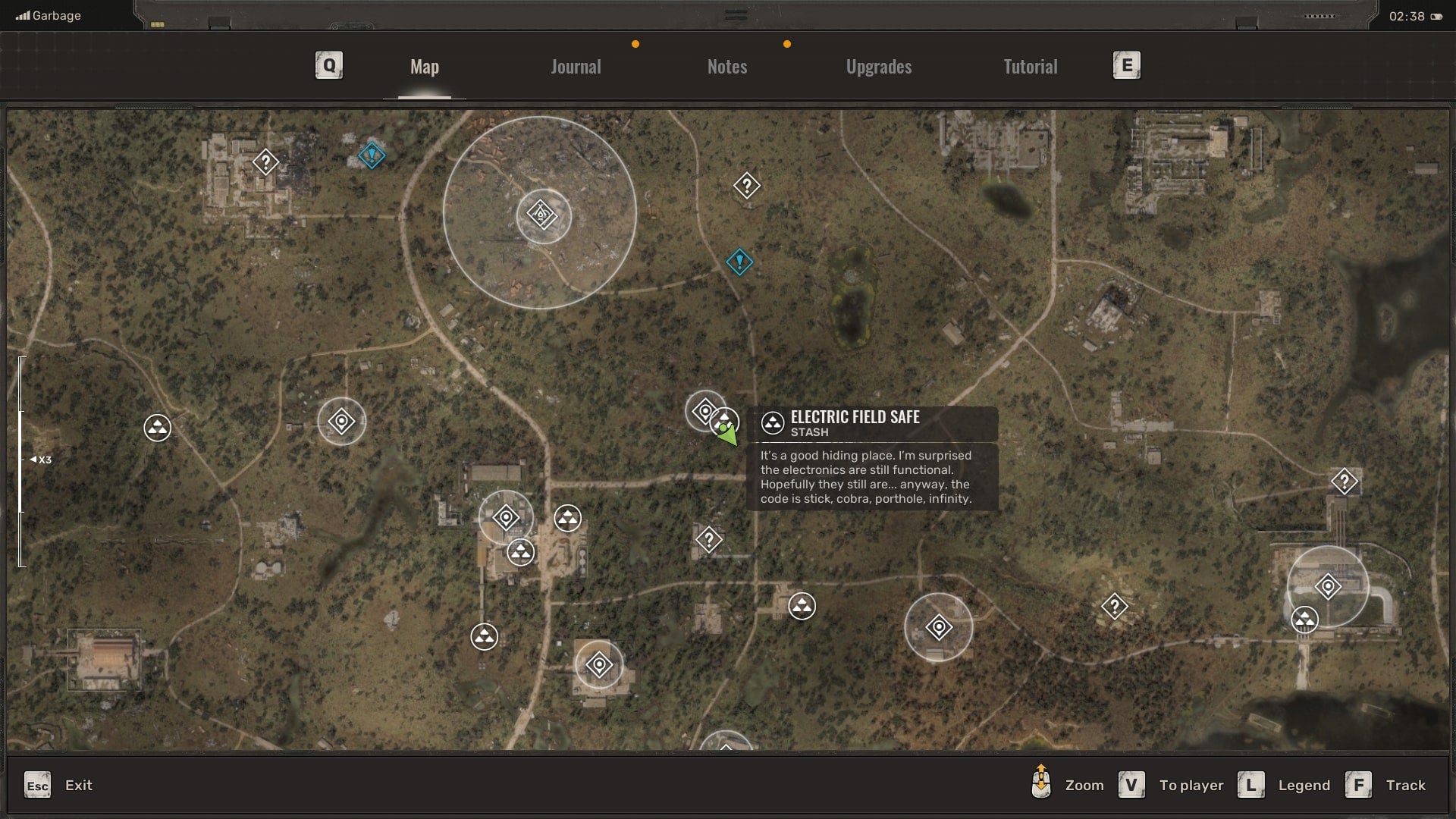The location of the Electric Field stash - and the hint for the code to access it - is shown on the Stalker 2 map - 4