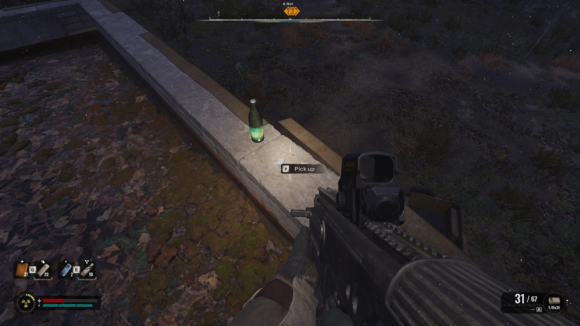 The player aims at a bottle of water and a USB stick on a rooftop in the Electric Field in Stalker 2 - 3