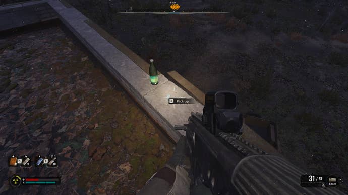 The player aims at a bottle of water and a USB stick on a rooftop in the Electric Field in Stalker 2
