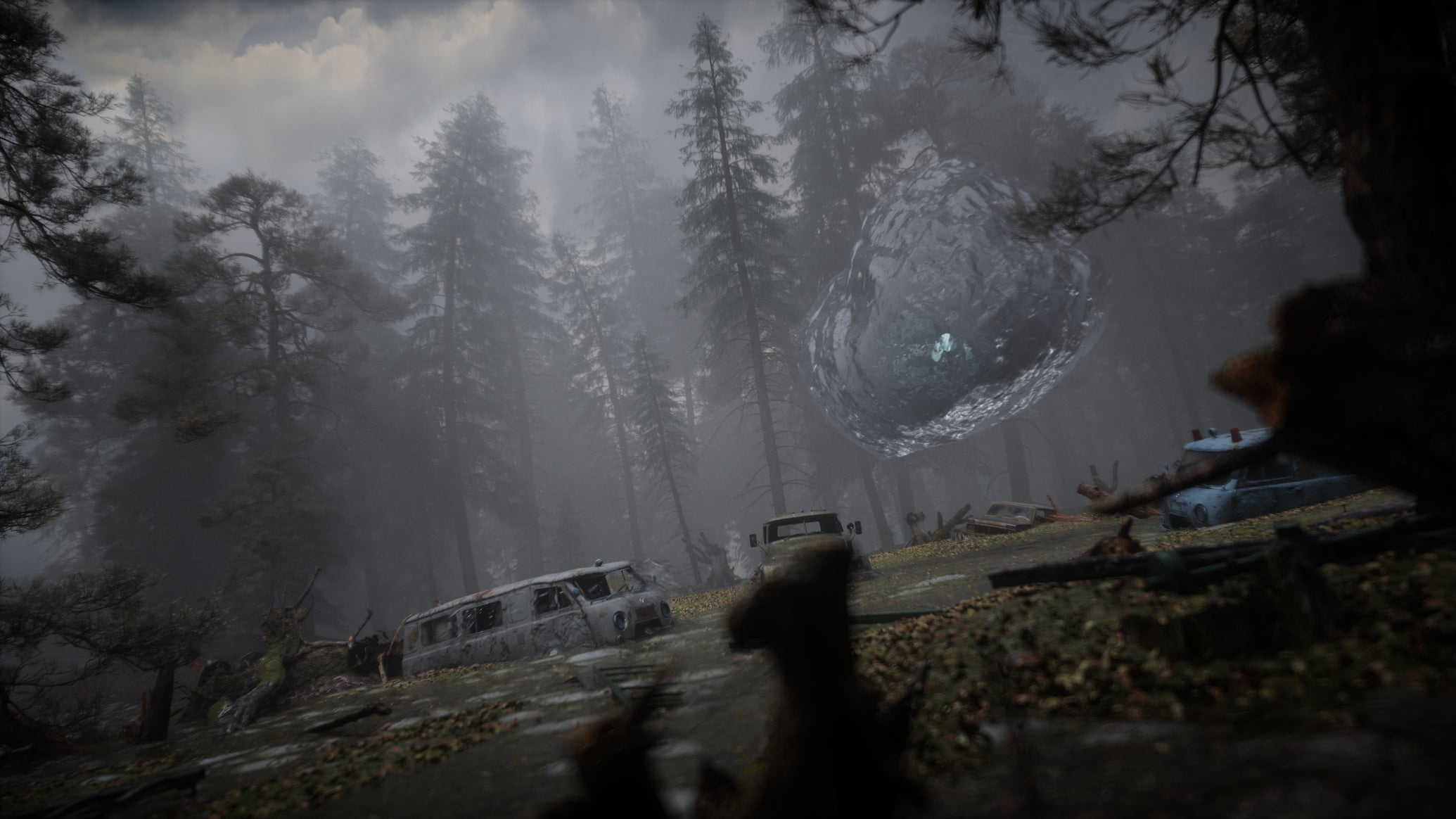 The player is crouched beside a large bubble anomaly in Stalker 2 - 1