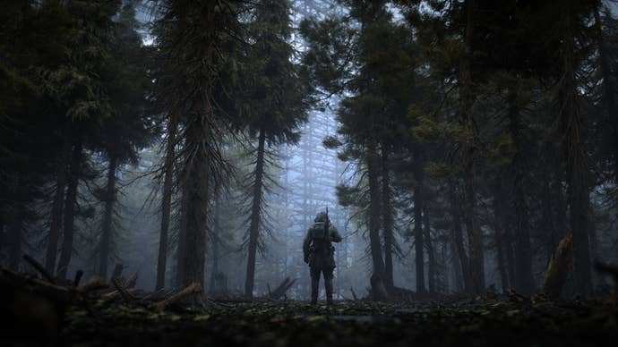 A lone stalker walks through a forest in Stalker 2