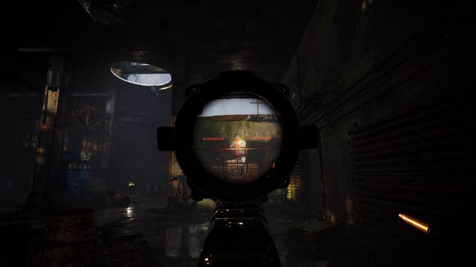 The player aims down the scope at an enemy in Stalker 2