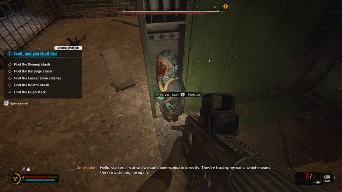 The player aims at the SEVA-I Suit in the Duga Arms Depot in Stalker 2