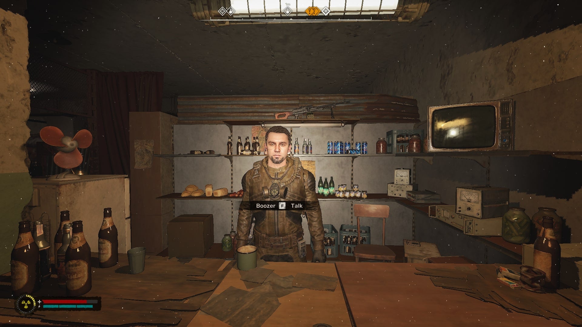 The player faces one of Slag Heap's Traders, Boozer, in Stalker 2 - 3