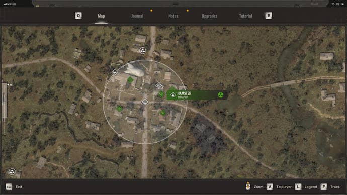 The location of Trader, Hamster, in Lesser Zone’s Zalissya is shown on the Stalker 2 map