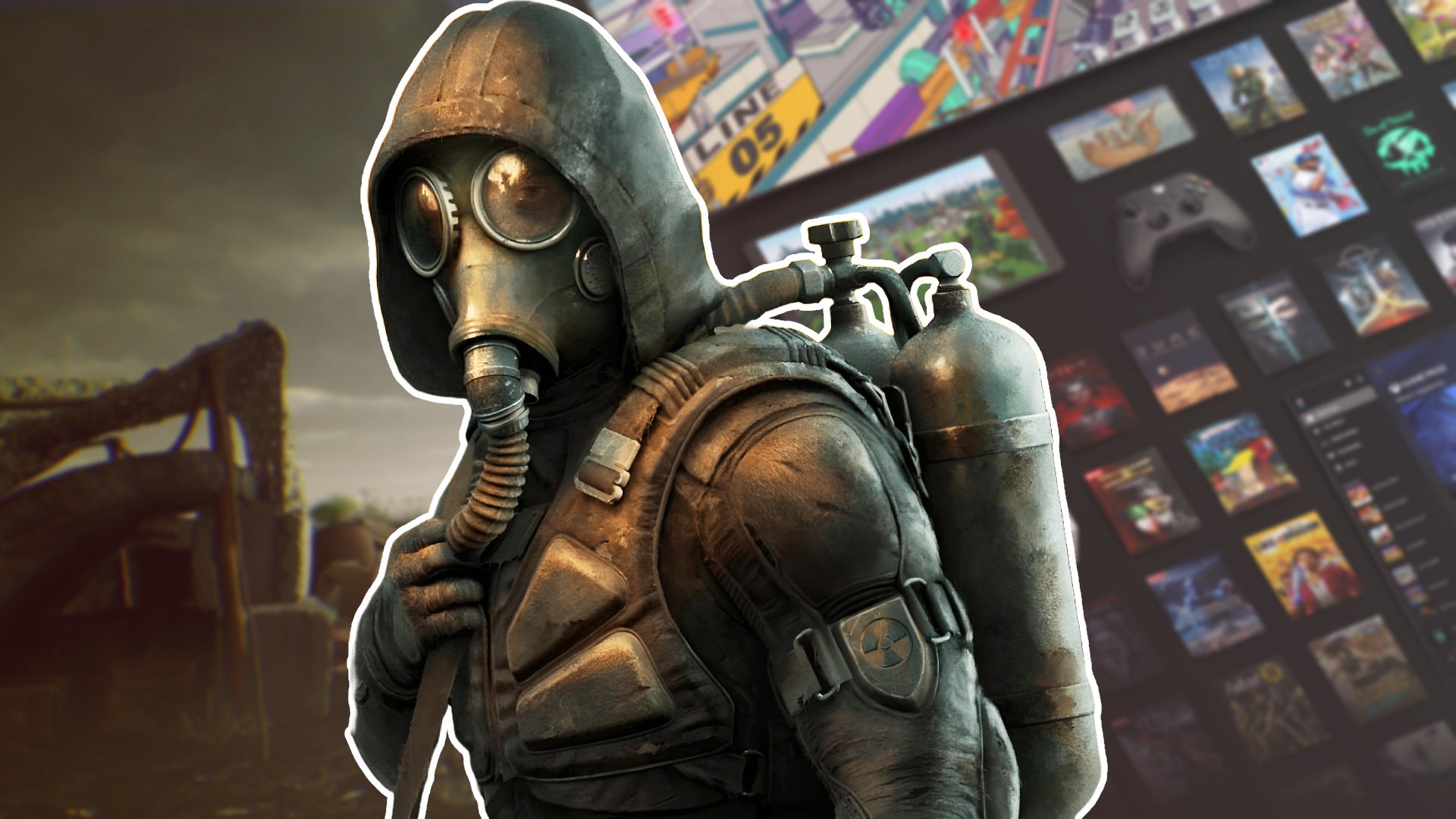 Xbox Game Pass and Stalker 2 backgrounds, slightly blurred, with a Stalker 2 character over the top - 1