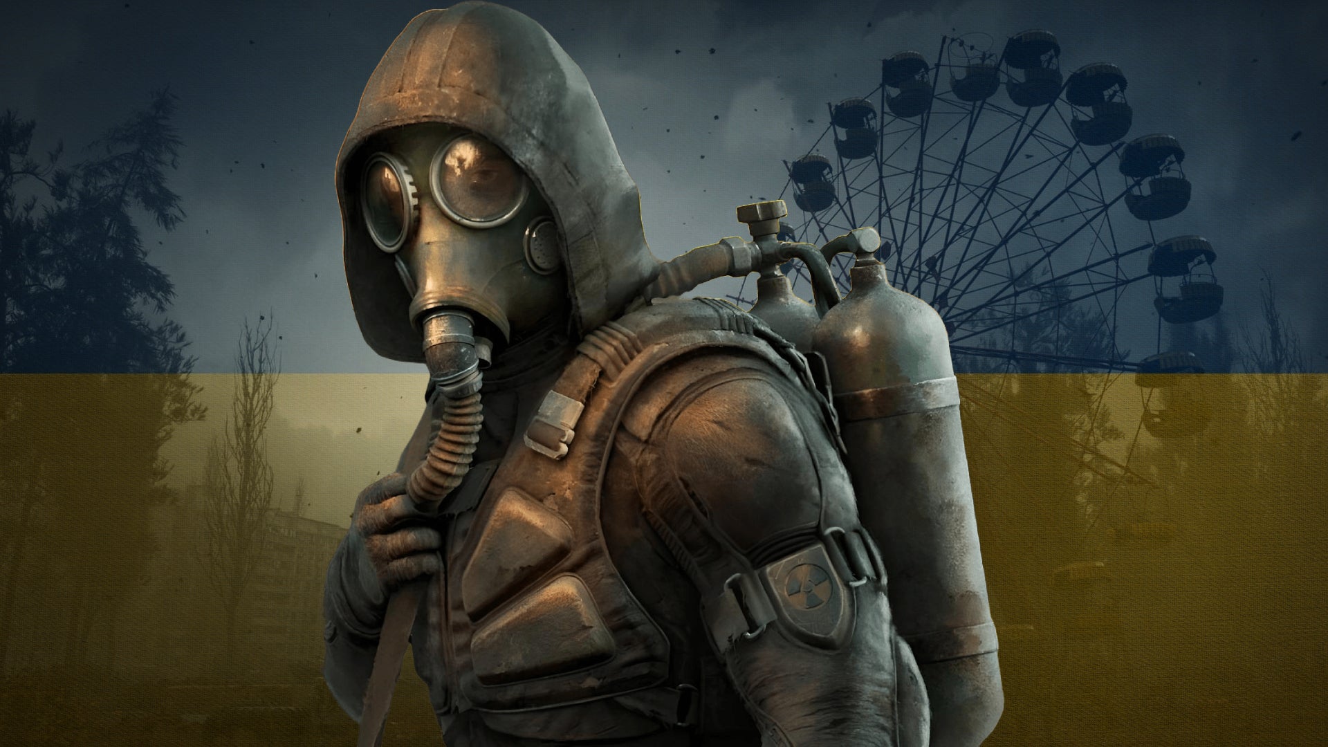 Stalker 2 image with a PNG cutout of a man in a radioactive hazard suit on the front, with a ruined fairground ride behind him, overlaid with the Ukranian flag. - 1