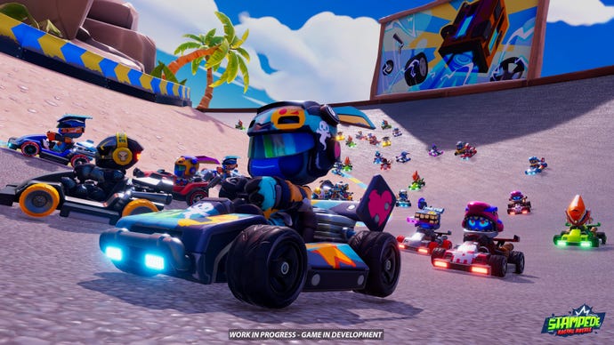 Several cars race around a track in Stampede: Racing Royale