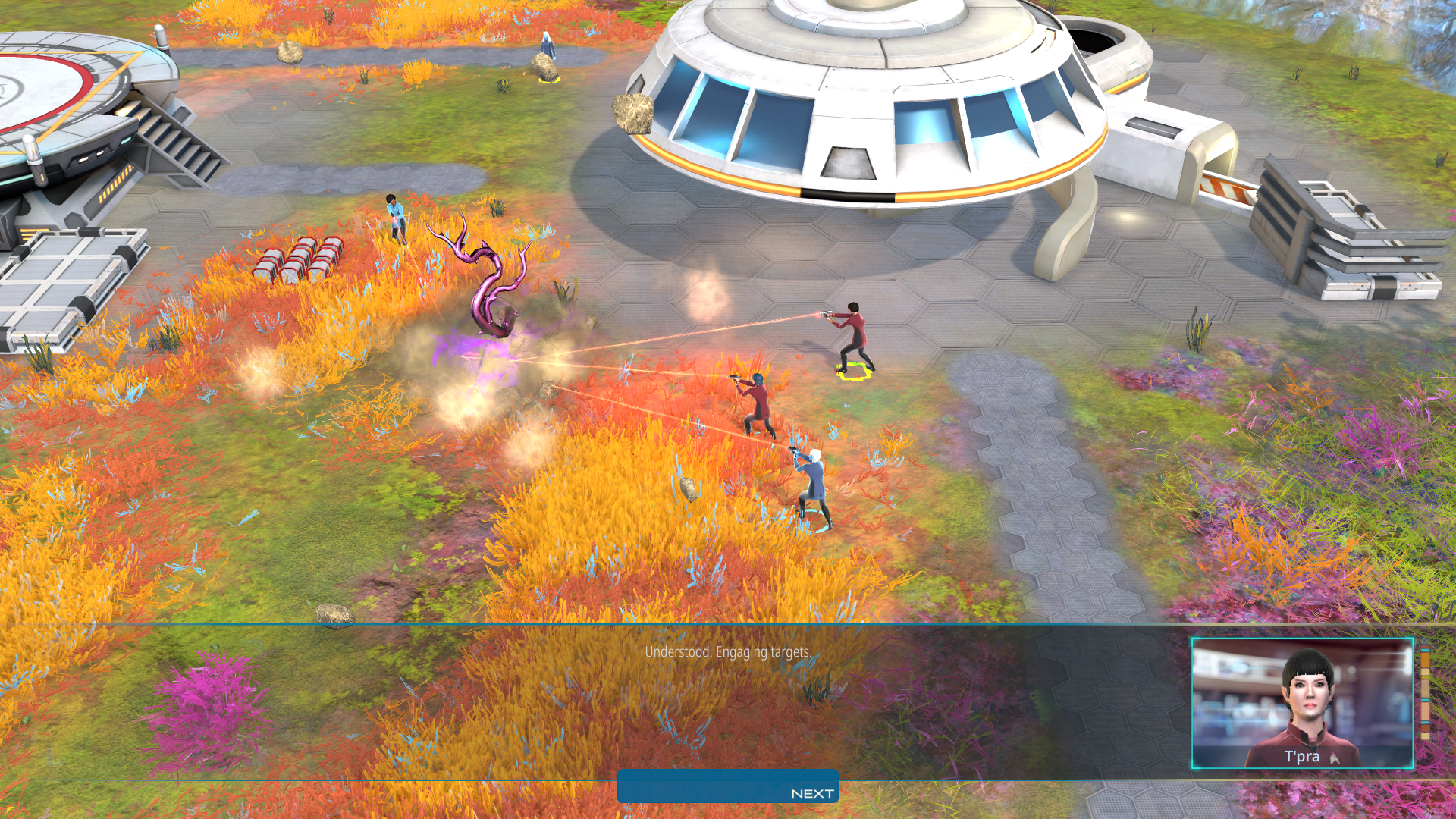 Crew members shoot phasers at a hostile weed in Star Trek: Outposts Unknown.