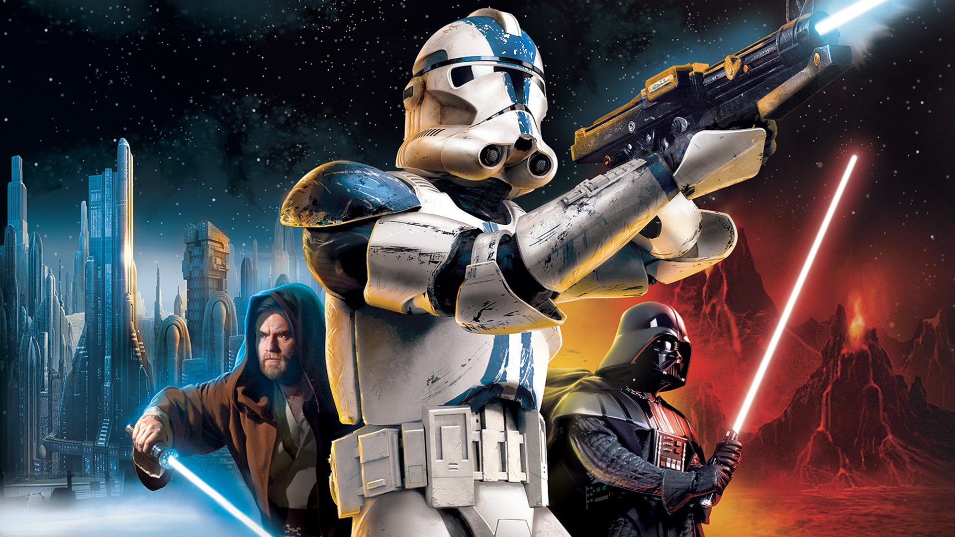 Star Wars Battlefront 2 artwork featuring, from left to right: Obi Wan, a Storm Trooper, and Darth Vader - 23