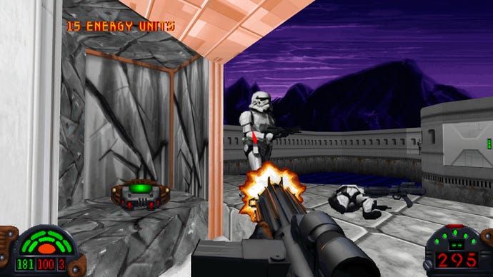 The player shoots a Stormtrooper with a rifle in Star Wars Dark Forces Remaster