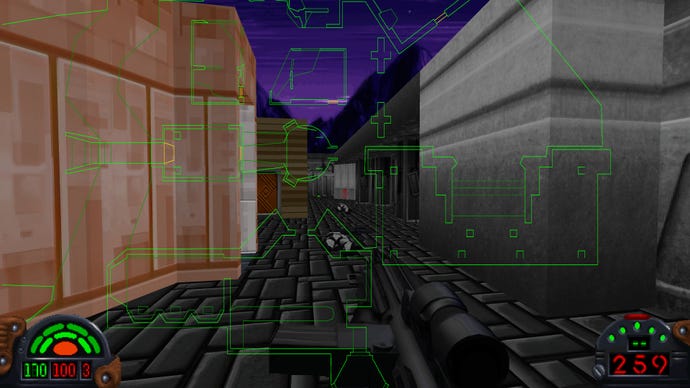 A green wireframe map is overlaid on an environment from Star Wars Dark Forces Remaster
