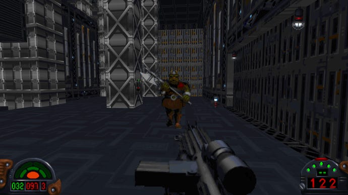The player fires at a Star Wars alien in Star Wars Dark Forces Remaster