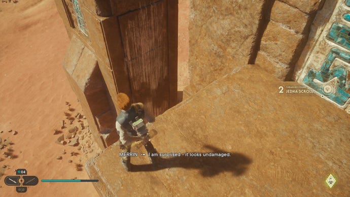 Star Wars Jedi Survivor screenshot showing Cal on a sandy ledge overlooking the Arid Flats desert.