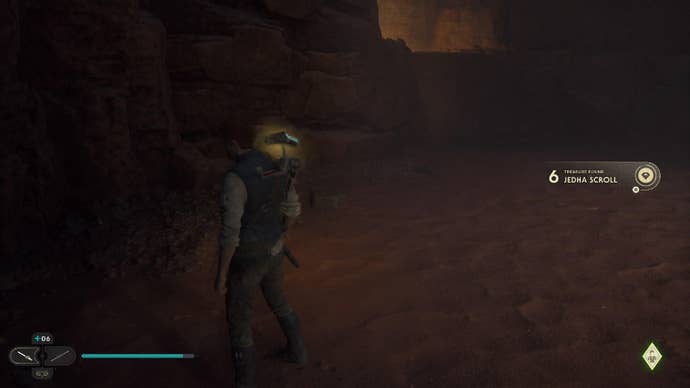 Star Wars Jedi Survivor screenshot showing Cal stood in a dark cave, getting a Jedha Scroll.