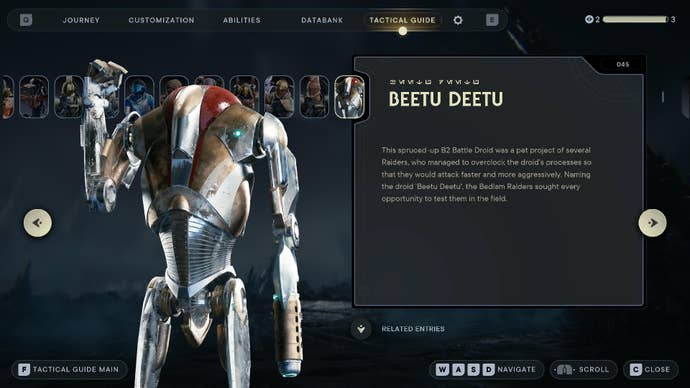 Star Wars Jedi Survivor screenshot showing the Beetu Deetu entry in the databanks, with an image of a Super Battle Droid.