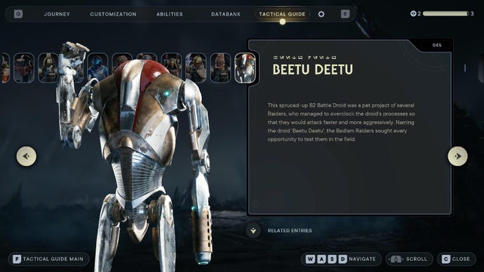 Star Wars Jedi Survivor screenshot showing the Beetu Deetu entry in the databanks, with an image of a Super Battle Droid.