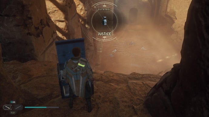 Star Wars Jedi: Survivor screenshot showing Cal stood by an open chest on a rocky ledge in the desert.