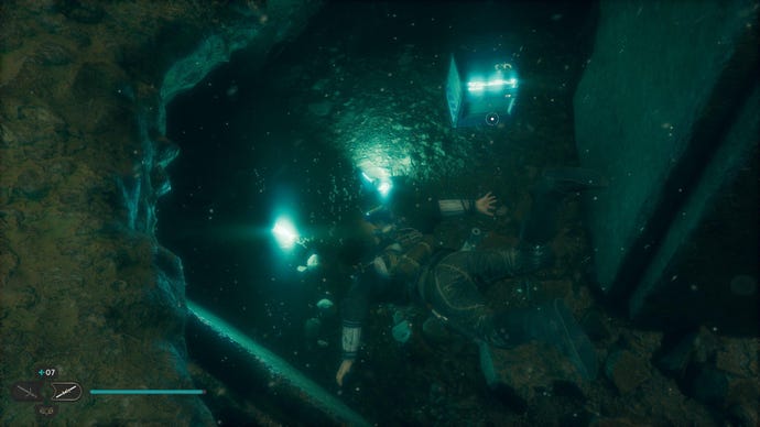 Star Wars Jedi: Survivor screenshot showing Cal swimming down to a chest in some water.