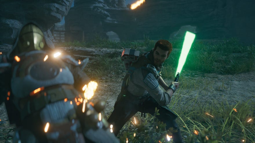 Star Wars Jedi Survivor screenshot showing Cal slicing off a Bedlam Raider’s arm with a green lightsaber.