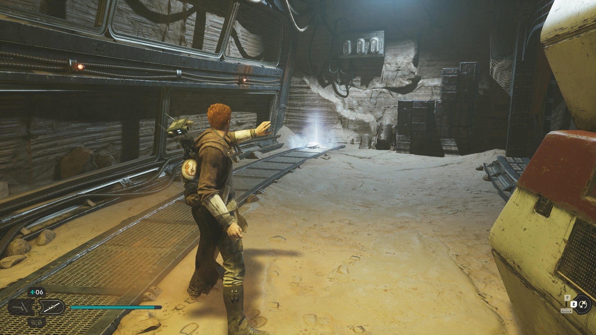 Star Wars Jedi Survivor screenshot showing Cal staring at a glowing force echo in a tunnel of Cere&rsquo;s Base.