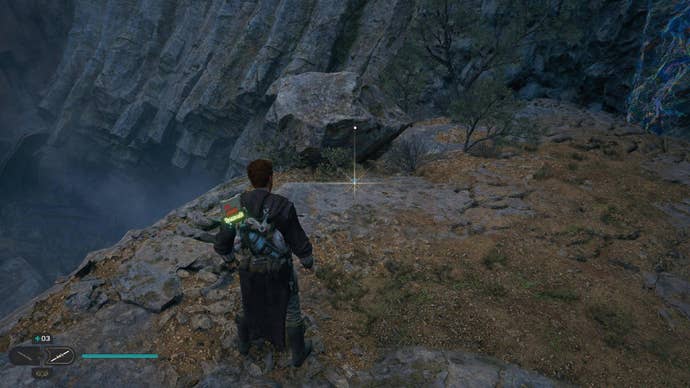 Star Wars Jedi Survivor screenshot showing Cal on a ledge overlooking water.