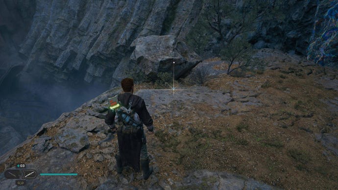 Star Wars Jedi Survivor screenshot showing Cal on a ledge overlooking water.