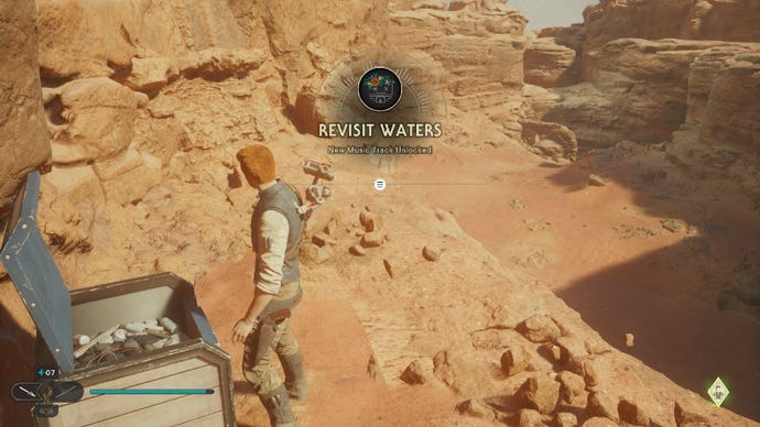 Star Wars Jedi Survivor screenshot showing Cal opening a chest on Jedha.