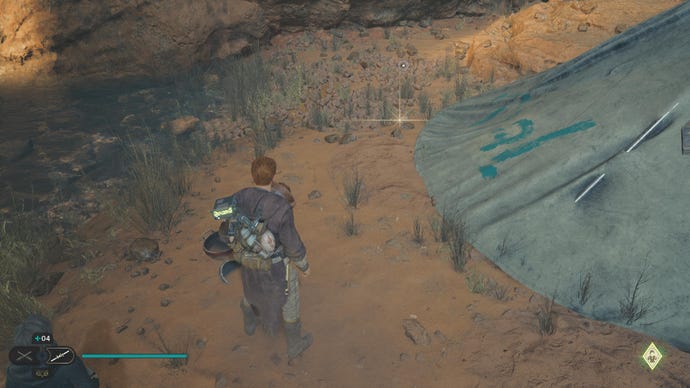 Star Wars Jedi Survivor screenshot showing Cal stood in a sandy ruin on Jedha, to the side of a tent.