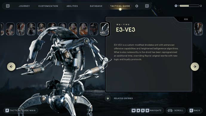 Star Wars Jedi Survivor screenshot showing the databank entry of a Droideka named E3-VE3.