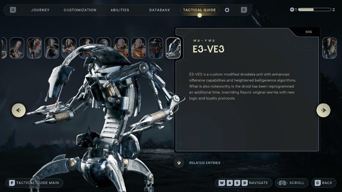 Star Wars Jedi Survivor screenshot showing the databank entry of a Droideka named E3-VE3.