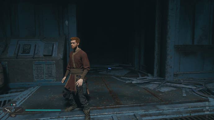 Star Wars Jedi Survivor screenshot showing Cal near a databank scan point.