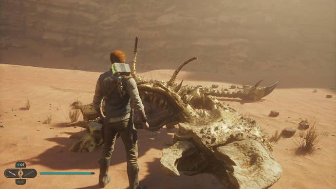 Star Wars Jedi Survivor screenshot showing Cal stood by the corpse of the Golden Skriton.