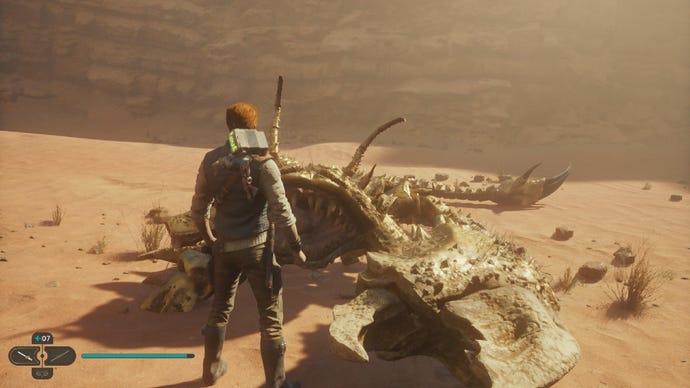 Star Wars Jedi Survivor screenshot showing Cal stood by the corpse of the Golden Skriton.